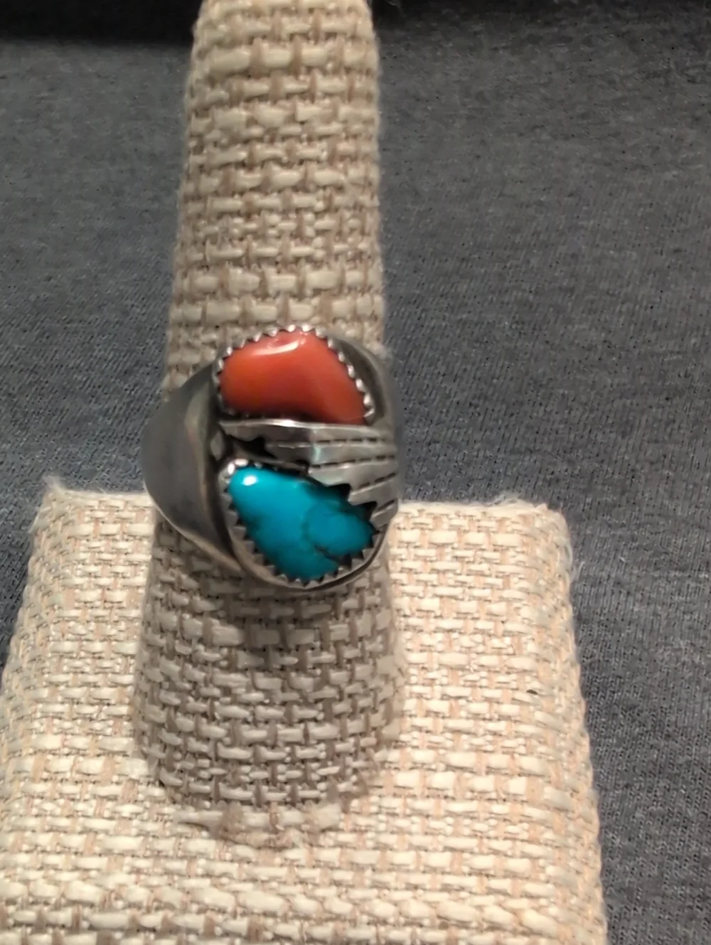 Vintage Sterling Silver Men's Ring with Turquoise and Coral Stones